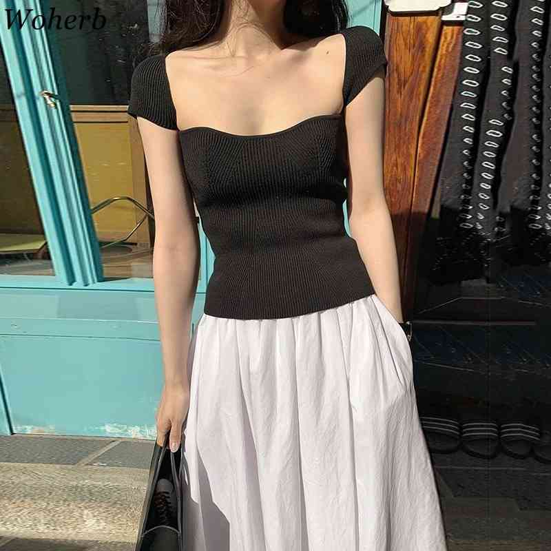 Knitted Women T Shirts Sexy Crop Top White Slim Thin Knitwear Tees Korean Elegant Casual Stretch Chic Tshirts 210519