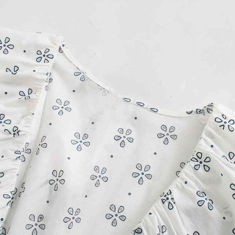 Stylish Floral Print Blouse Shirt Women V Neck Elegant Ruffled Blouses Summer Short Sleeve Casual Bow Tie Shirt Tops 210414