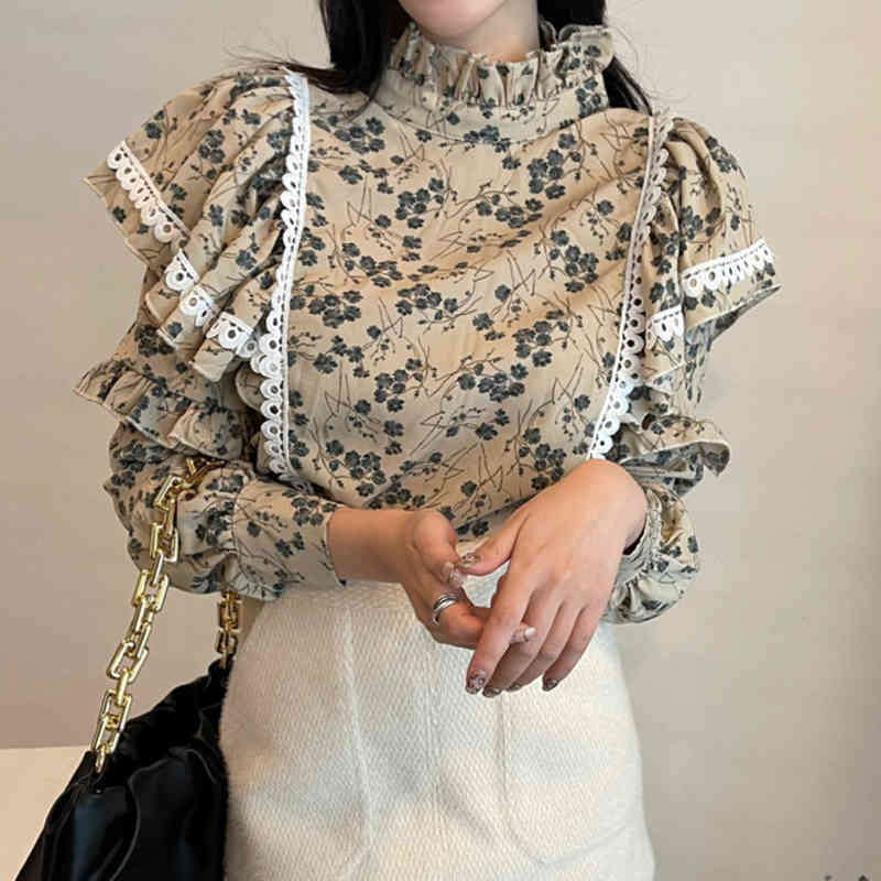 Nomikuma Floral Women Blouse Korean Lace Ruffle Patchwork Elegant Shirt Long Sleeve Stand Neck Pullover Top Blusa New 6E041 210427