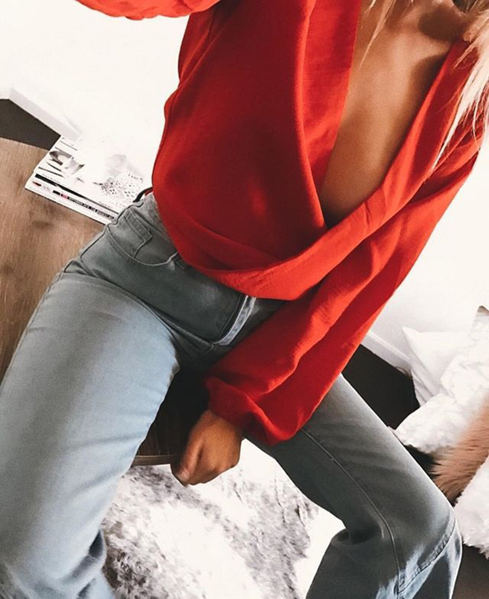 Sexy V Neck Wrap Sheath Exposed Navel Short Top Bow Tie Autumn Shirts Chiffon Women Blouses Backless Red White Crop Tops 210419