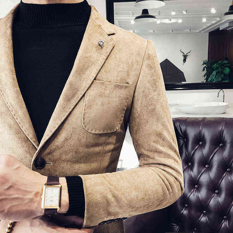 Deerskin Leather Jacket Blazer Masculino Casual Suit Jacket Korea Slim Fit Coat Men Nightclub Stage Singer Veste Costume Homme 211120