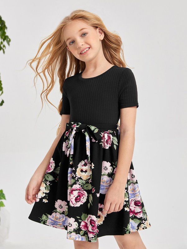 Girls Floral Print Belted 2 In 1 Dress SHE