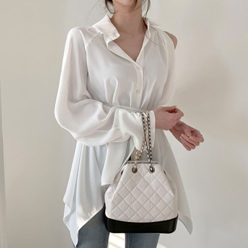 Women Blouse Lady Hollow Out Turn Down Collar Fashion Shirts Blusa Off Shoulder Spring Summer Sexy Solid Tops 210519