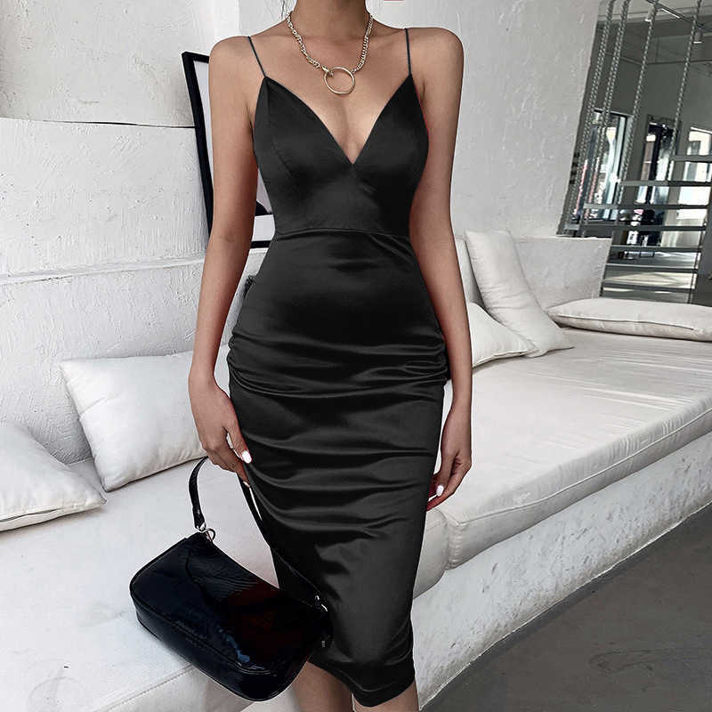 Sexy Satin Deep V Women Dress Spaghetti Strap High Waist Backless Midi Summer es Party Club Bodycon Vestidos 210526