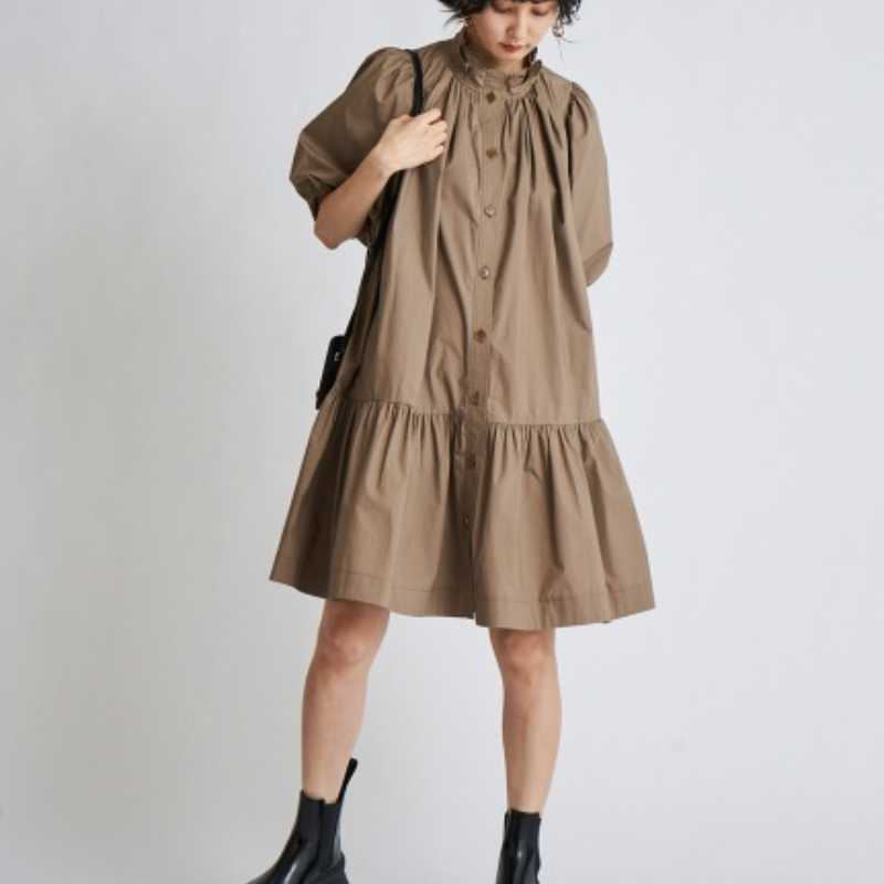 Japan Style Solid Puff Short Sleeve Stand Collar Women Dresses Simple Summer Loose Vestidos All Match Soft Moda Robe 210525