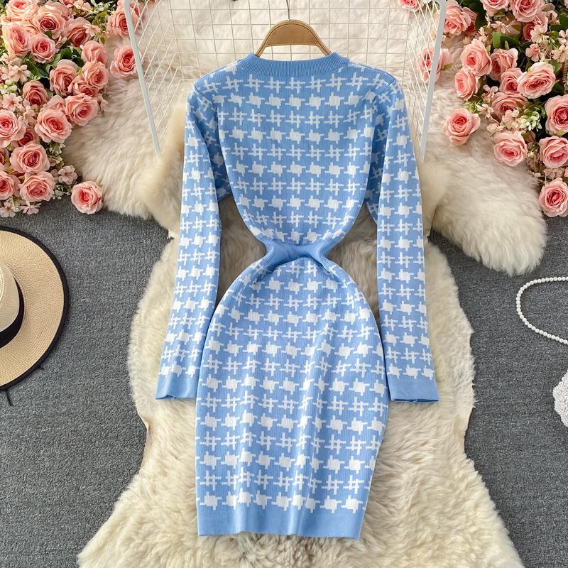 2021 Autumn winter new design womens o-neck long sleeve houndstooth grid knitted short dress