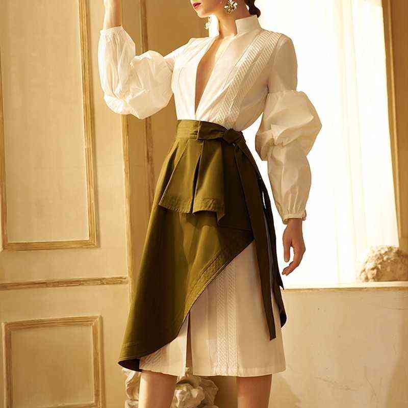 TWOTYLE Skirt Two Piece Set Female V Neck Puff Sleeve Big Size Long Dress With High Waist Lace Up Ruched Irregular Skirts 211106