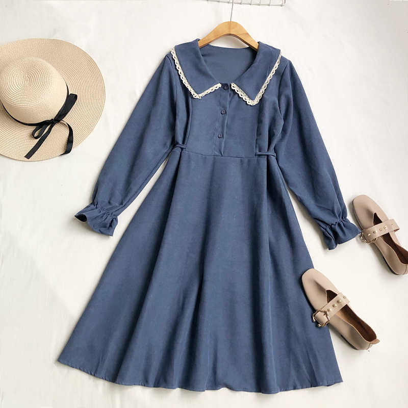 LY VAREY LIN Spring Autumn Women Peter Pan Collar Dress Lace Flare Sleeve Waist Down Bandage Slim Corduroy 210526