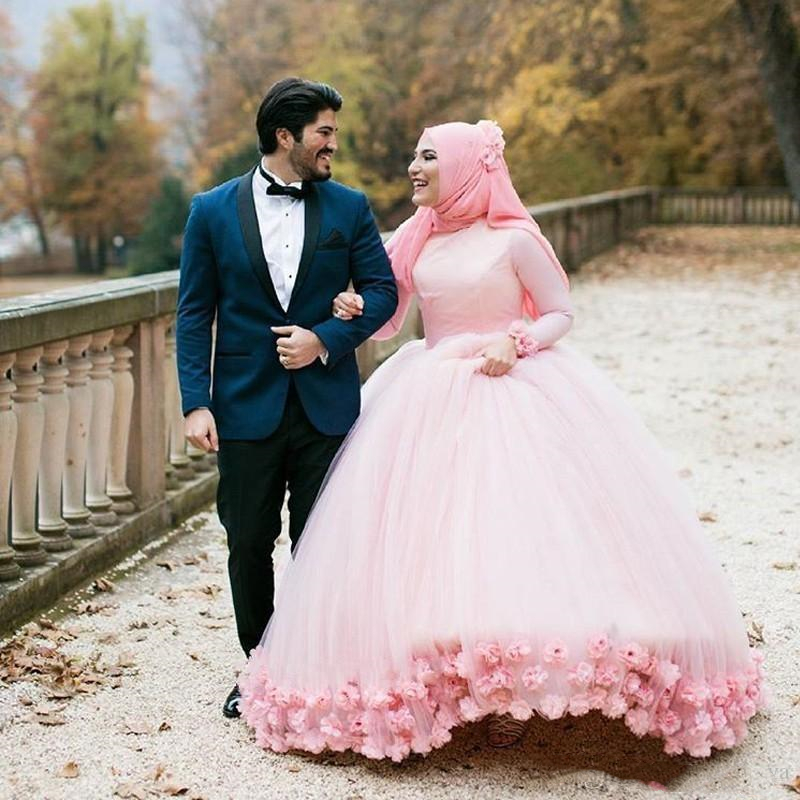 2022 Muslim Girls Princess Quinceanera Dresses Blush Pink Ball Gown 3D Floral Flowers Appliqued Long Sleeve High Neck Sweet 16 Dress Brithday Prom Par