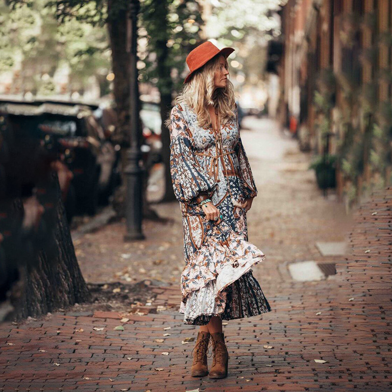 Women Dress V Neck Long Sleeve Print Maxi es Bohemian Ruffles Floral Lace Up Loose es 210524