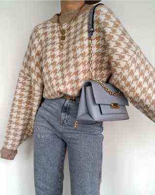 Women Casual Houndstooth Lady Pullover Sweater Female Autumn Winter Retro Jumper Women Geometric Blue Knitted Sweater Femme 211109