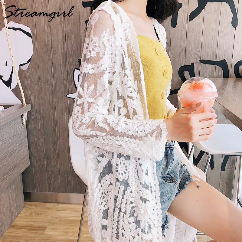 Streamgirl Women Long Cardigan Summer Oversize Long Sleeve Beach Lace Cardigan White Female Casual Kimono Cardigans Summer 210421