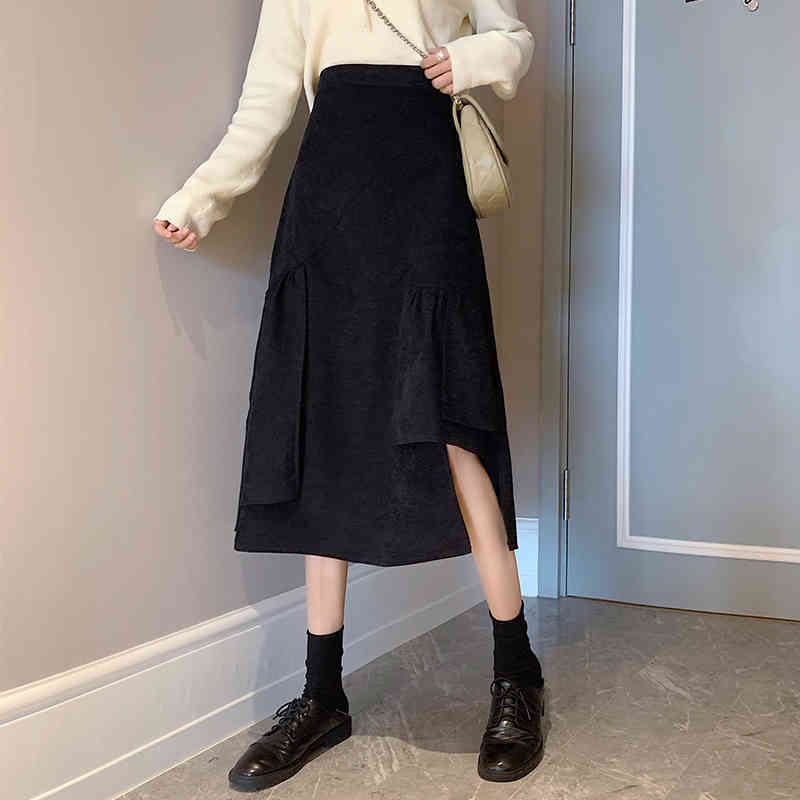 Nomikuma Irregular Ruffle Women Skirt Korean High Waist Causal Skirts Autumn Winter Bottoms New A-line Mujer Faldas 6D134 210427