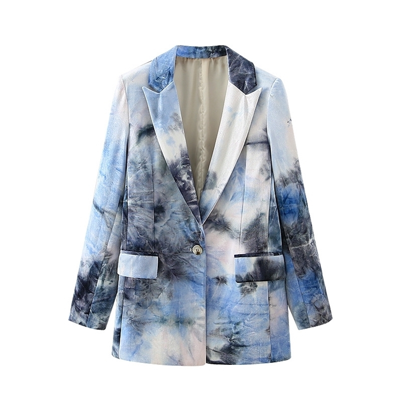 Causal Women Blue Tie-Dye Velvet Jacket Fashion Ladies V-Neck Singles Button Coats Streetwear Female Chic Slim Jackets 210527