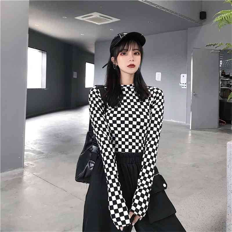 Black & White Checkered Mesh Long Sleeve Mock Neck Cropped Top Women's T-shirts Altgirl Outfit / 210406