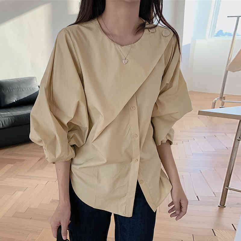 Nomikuma Causal O-neck Patchwork Blouse Shirt Korean Puff Sleeve Women Tops Spring New Pullover Blusas Feminimos 6E827 210427