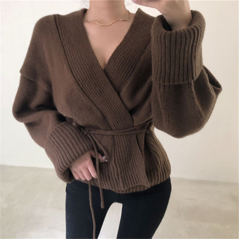 Autumn Chic All-Match Open Stitch Lace-Up Cute Sexy Regular High Street V-Neck Loose Cardigans Casual Knitted Sweaters 210421