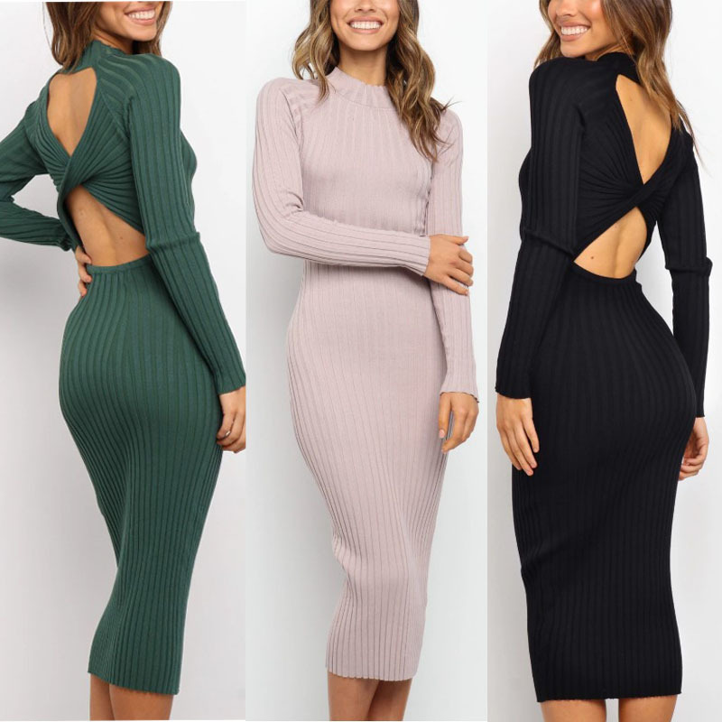 Women Dress Temperament Knitted es Stripe Backless Slim Thin Long Sexy Plus Size Ladies es Winter 210513