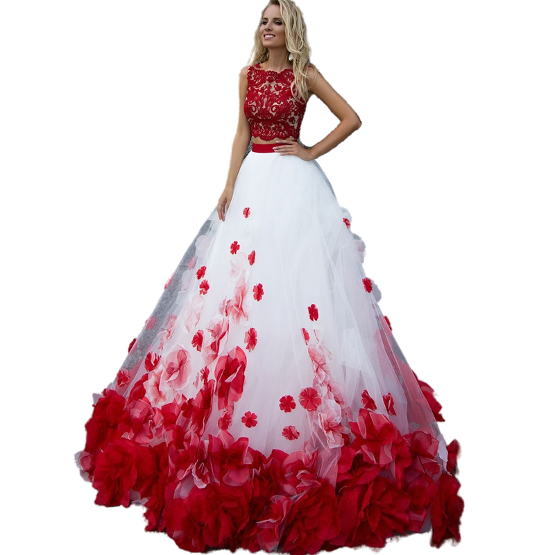 Two Pieces White And Red Quinceanera Dresses With Handmade Flowers Appliques A Line Full Length prom Pageant Gowns Sweet 15 Dress Vestidos De 16 Brith