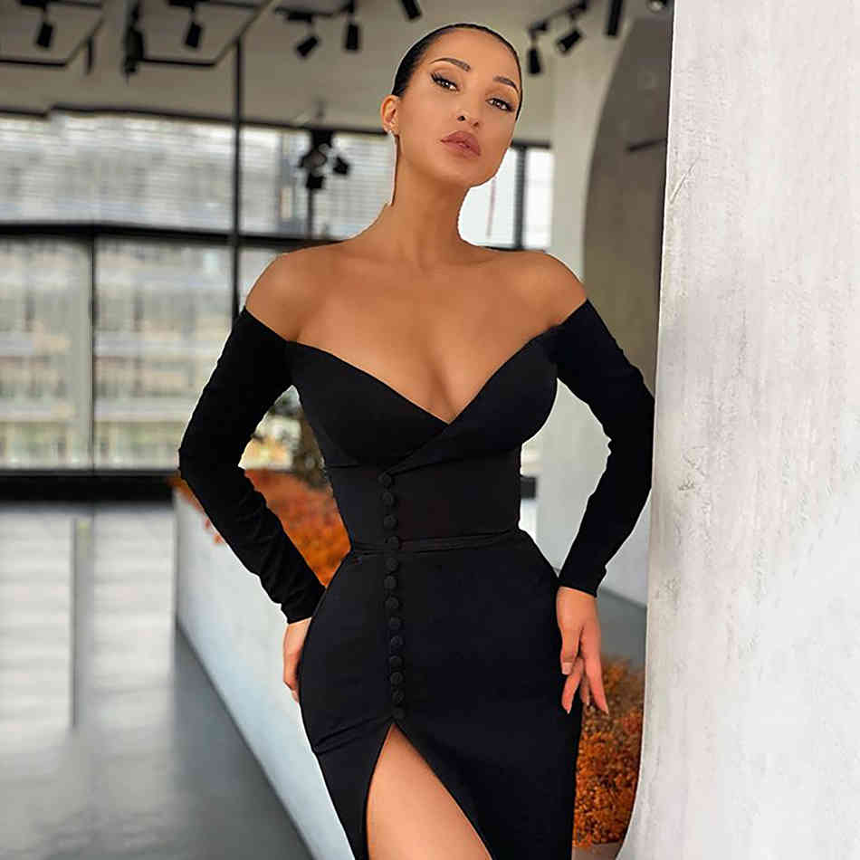 Free Black Ladies Bandage Dress Sexy V-neck Card Shoulder Long Sleeve Bodycon Split Club Party Vestidos 210524