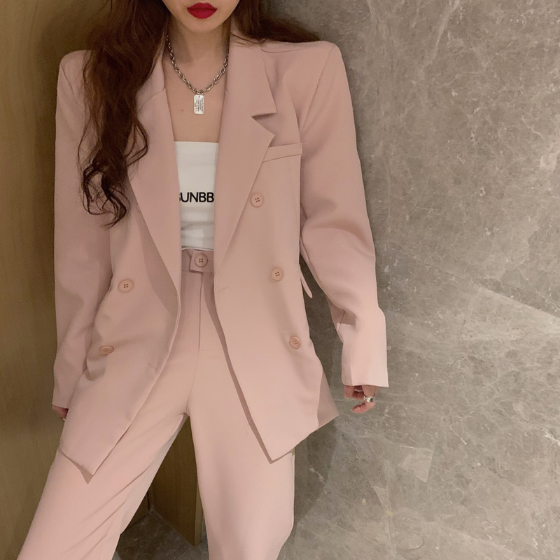 All Match OL Solid Women Retro Elegant Office Lady Blazers+ Loose Vintage Straight Trouser Suits 2 Piece Sets 210421