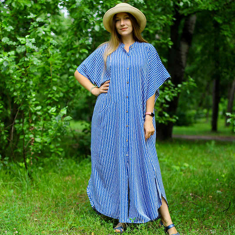 Casual Bikini Cover-ups Blue Tunic Sexy Striped Front Open Summer Beach Dress Elegant Women Wear Swim Suit Cover Up Q1097 210420