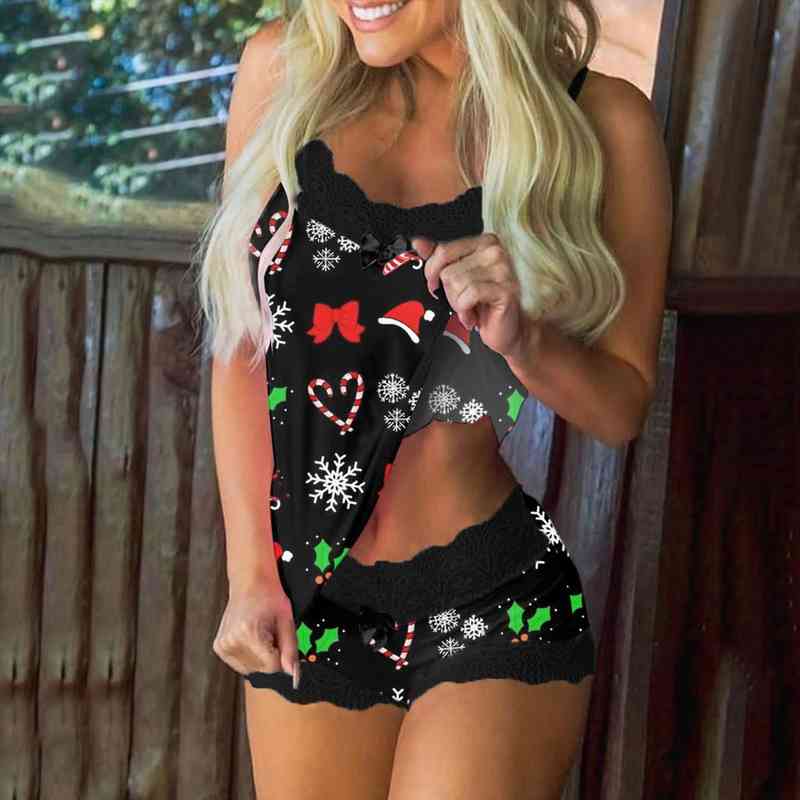 christmas print pajamas sleeveless lace women sleepwear cami short lingerie set home ladies underwear, Black;red
christmas print pajamas sleeveless lace women sleepwear cami short lingerie set home ladies underwear, Black;red