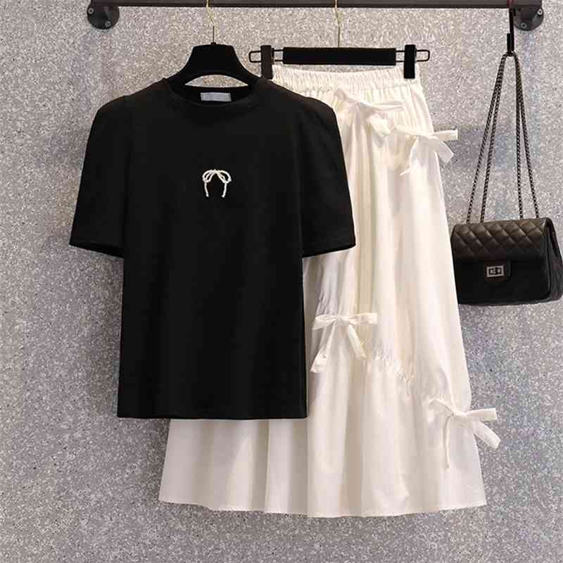 plus size Summer korean 2 piece set Women Black Puff Sleeve T-Shirt Top and High Waist White Bow Midi Skirts Suit Female 210519