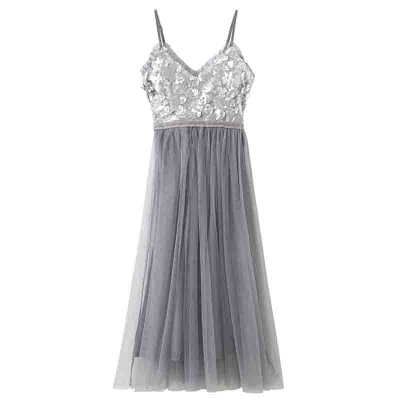 Summer Women's V-neck Strap Dress Vintage Sleeveless Sequin Mesh A-line Dress Female Elegant Sling Fairy Beach Dresses 210521