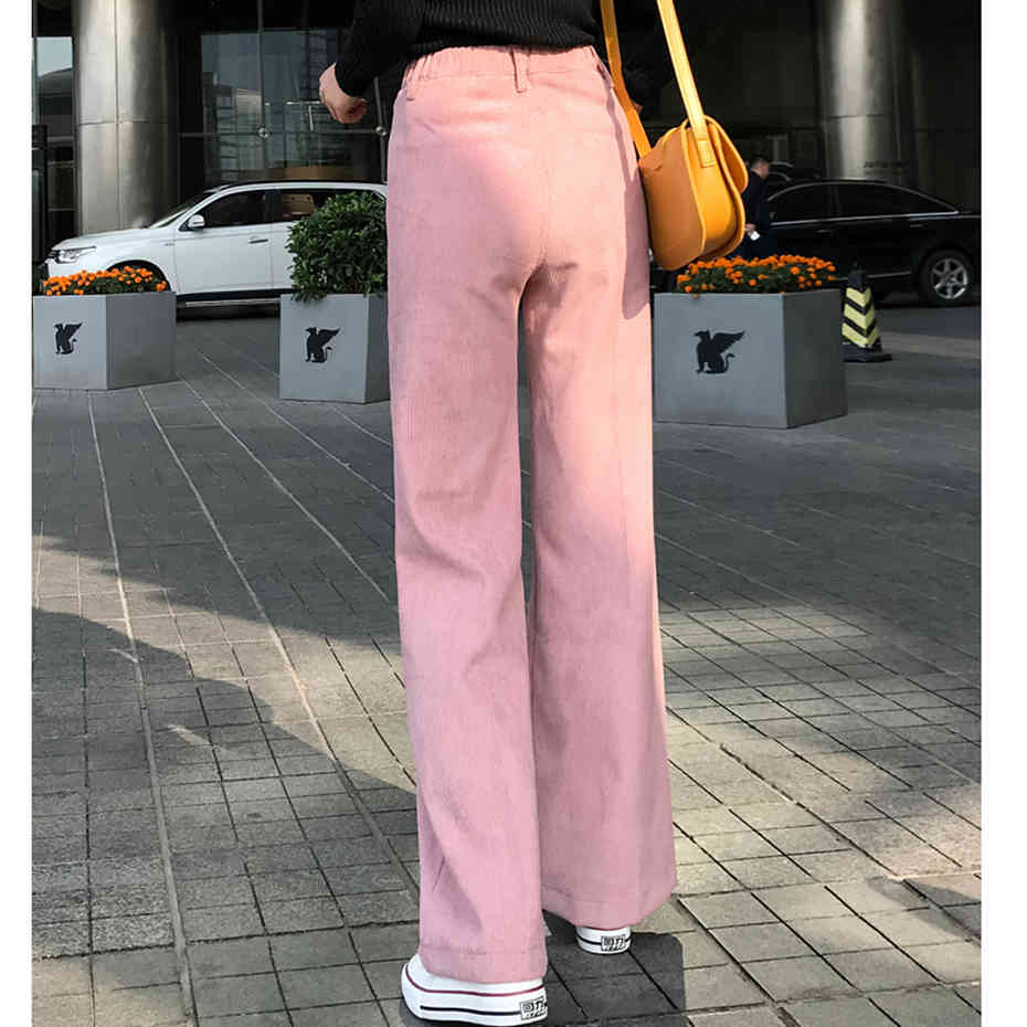 Corduroy Pants Wide Leg Elastic Waist Velvet Trouser Women Autumn Winter Plus Size Womens Pants Casual Pink Pants Black 210412