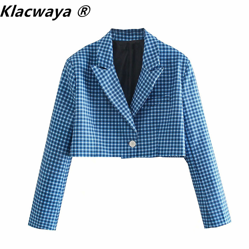 Women Fashion Single Button Cropped Checked Blazer Coat Vintage Long Sleeve Female Outerwear Chic Veste Femme 210521, Blue
Women Fashion Single Button Cropped Checked Blazer Coat Vintage Long Sleeve Female Outerwear Chic Veste Femme 210521, Blue