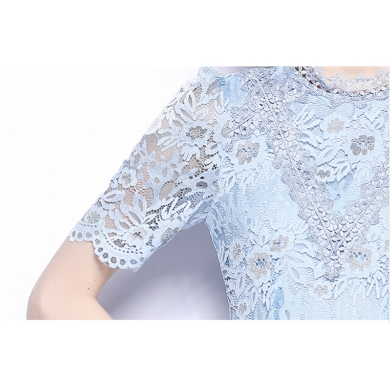 Fashion Runway Summer Dress Robe Women's Short Sleeve Lace Hollow Out Pleated Dresses Vestidos 210520