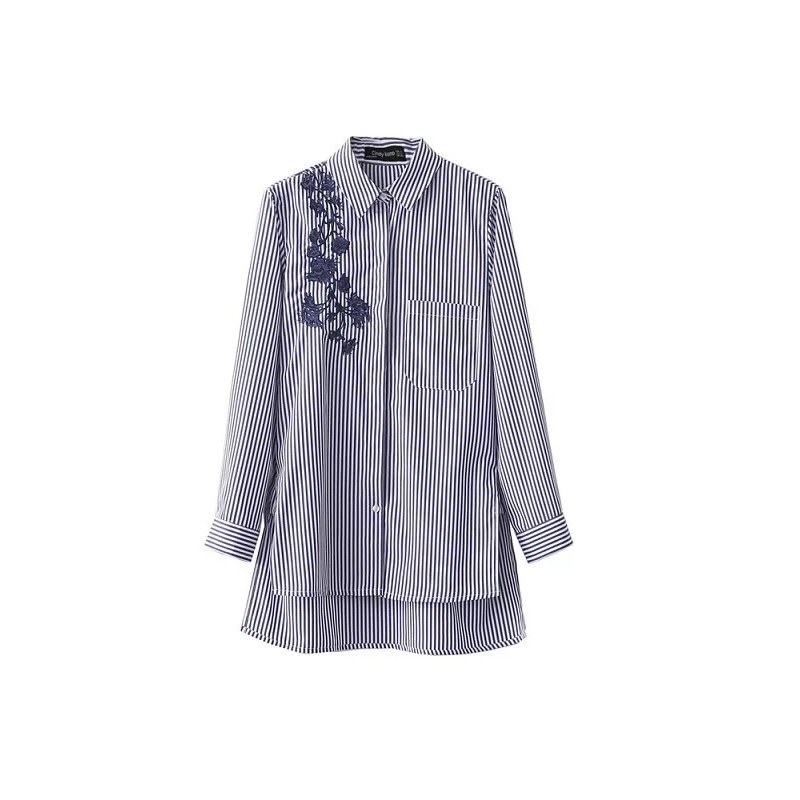 Fashion Women Flower Embroidery Side Slit Stripe Shirts Long Sleeve Blouse Casual Lady Tops Chemise Femme Blusas S1106 210430