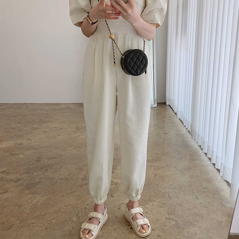 Korejpaa Women Jumpsuits Summer Korean Chic Ladies Temperament Square Collar High Waist Solid Color Puff Sleeve Trousers 210526
