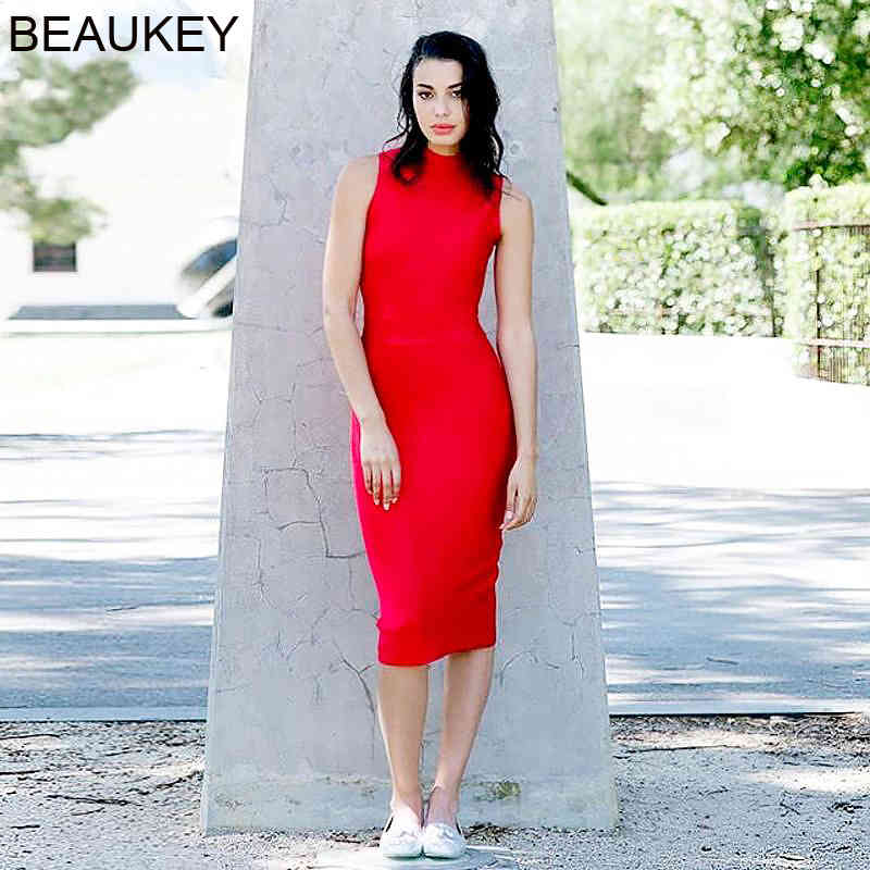 BEAUKEY Sexy Red Turtleneck Sleeveless Green Women Bandage Dress Split Maxi XL Party Club Celebrity Bodycon Vestido Midi 210409