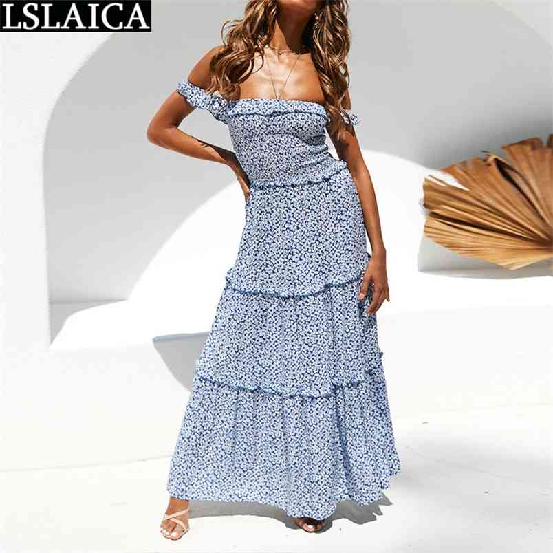 Wholesale Woman Dress Floral Print Fresh and Sweet Wrapped Breast Dresses for Women Holiday Beach Slash Neck Vestido De Mujer 210515