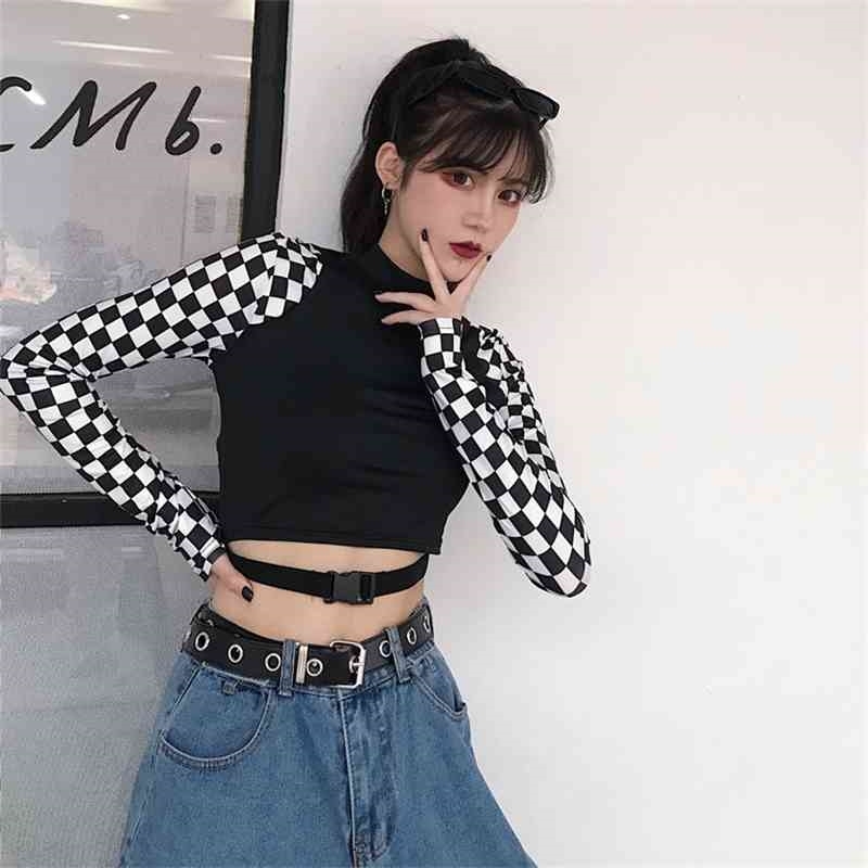 Korean Harajuku Cro Top T Shirt Women Plaid Checkerboard Contrast Color T-shirt Fashion Streetwear Slim Patch Tees 210519