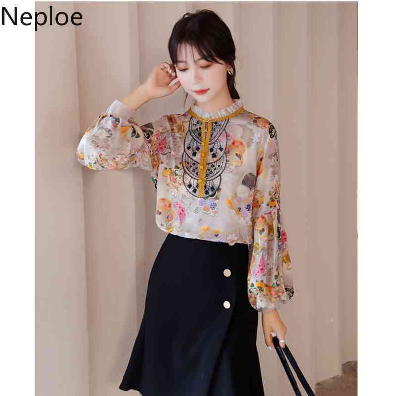 Neploe Vintage Blusas Mujer Print Chiffon Shirt Spring Loose Tops Stand Neck Lantern Long Sleeve Shirt Fashion Blouses Women 210422