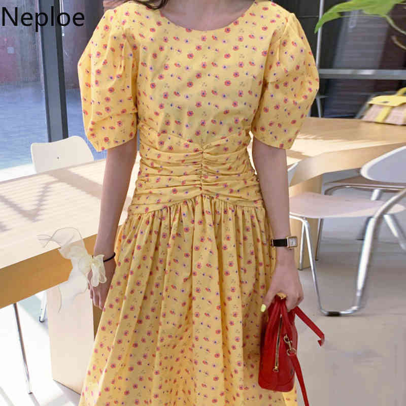 Neploe Women Dress Summer Korean Chic Robe Sweet O Neck Floral Ruffles Slim Vestidos Pleated Temperament Vintage Dresses 210422