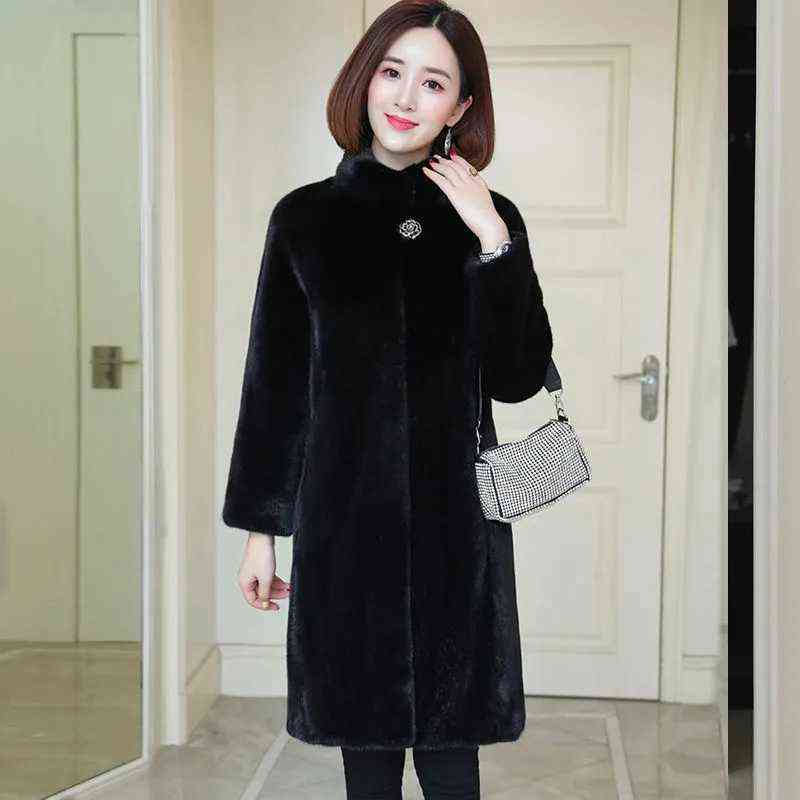 Winter Faux Mink Fleece Fur Coat Women Midi Stand Collar Faux Fur Jacket Thick Warm Loose Female Elegant Parka Outwear Plus Size 211105