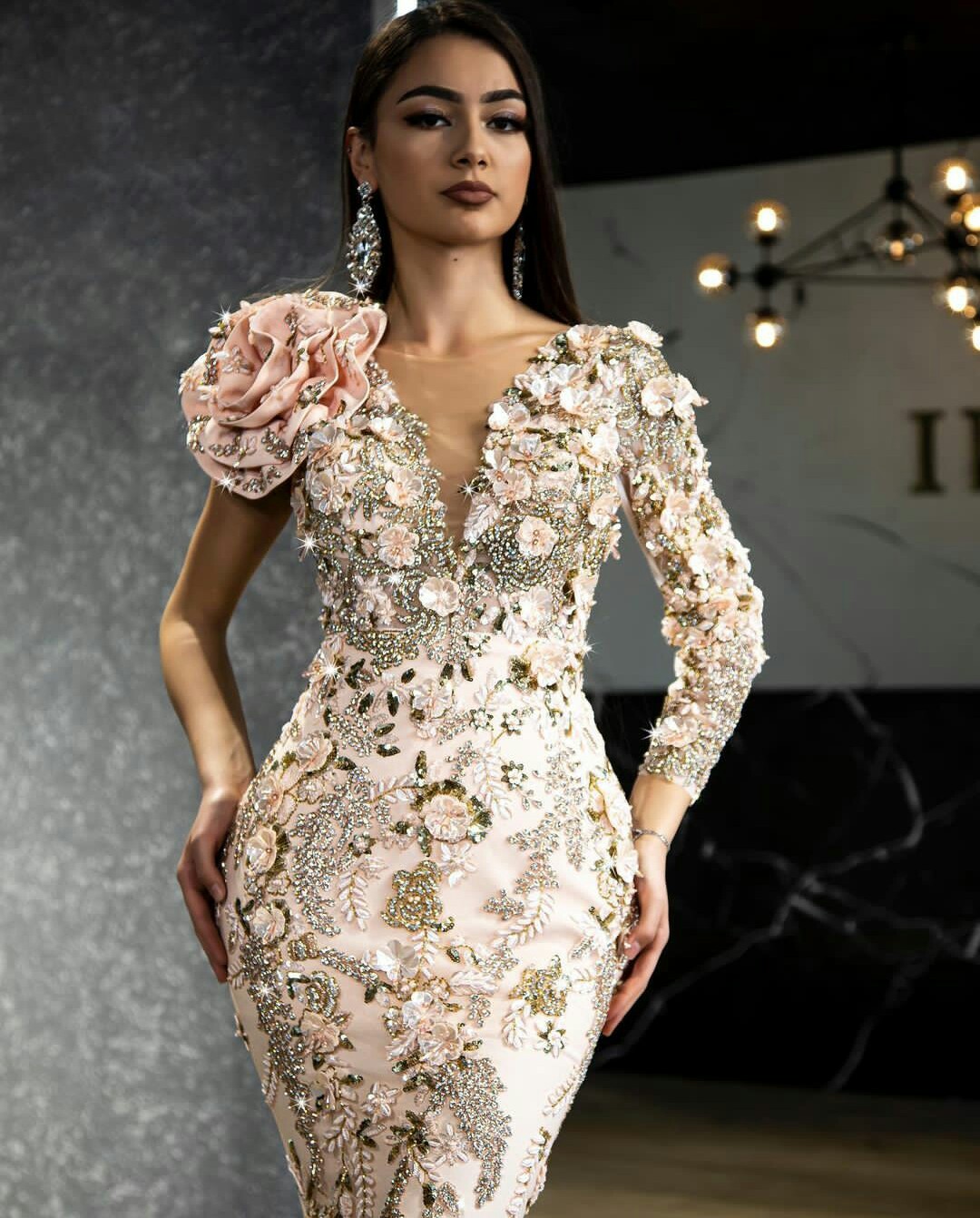 Hand Made Flowers Mermaid Prom Dresses V Neck Long Sleeve Beading Crystal Evening Dress With Detachable Train Party Gowns
