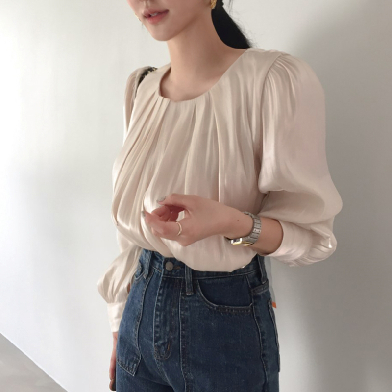 Nomikuma Causal Solid O-neck Women Blouses Korean Pleated Puff Long Sleeve Shirt Spring New Pullover Blusas Mujer 6D785 210427