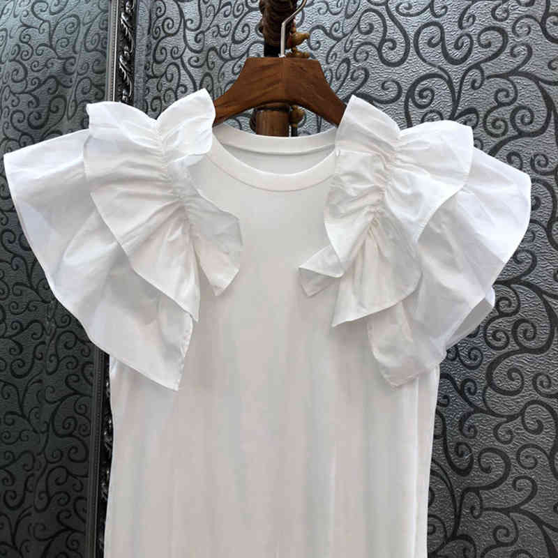 TWOWINSYLE Casual Patchwork Ruffle Shirt For Women O Neck Short Sleeve Slim Solid Shirts Female Fashion Summer 210524