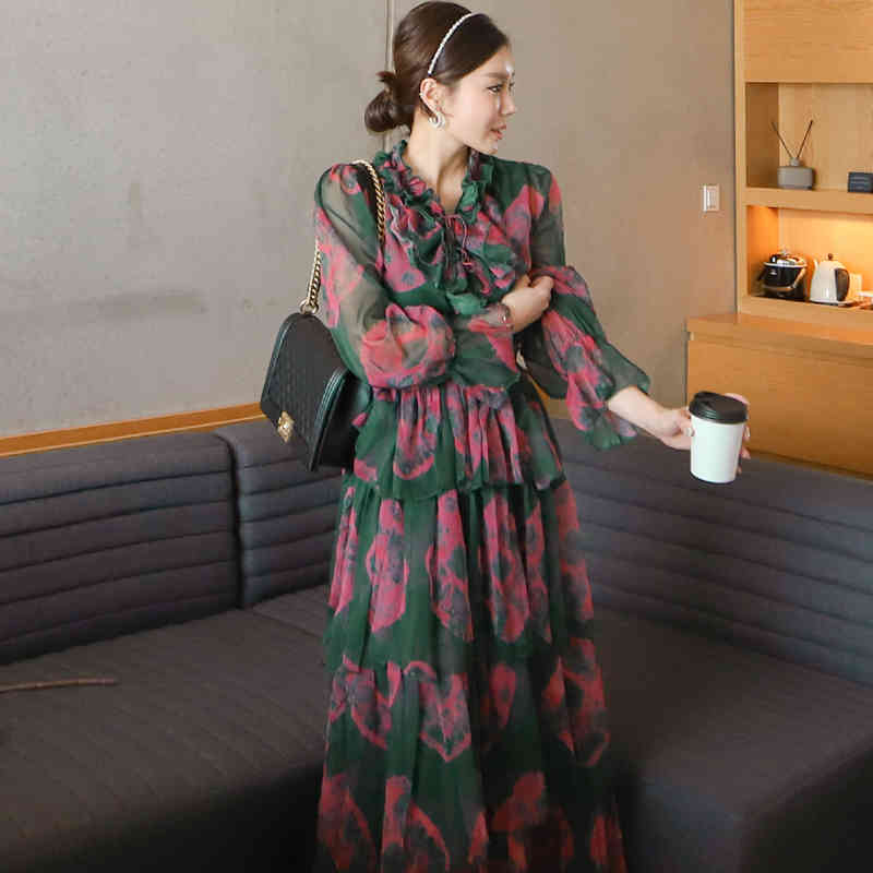 Summer Korean Long Dresses Ruffled Chiffon Print Cake Dress Lady Evening Party Sexy Beach Holiday Vestidos 210506