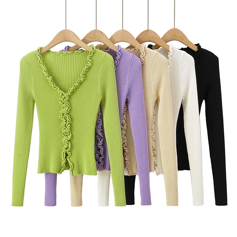 France Vintage Open Buttons V neck Long sleeve Wood ears Sweater Women Knitted Tight Jumper Front Slit Slim Cropped Cardigan 210429