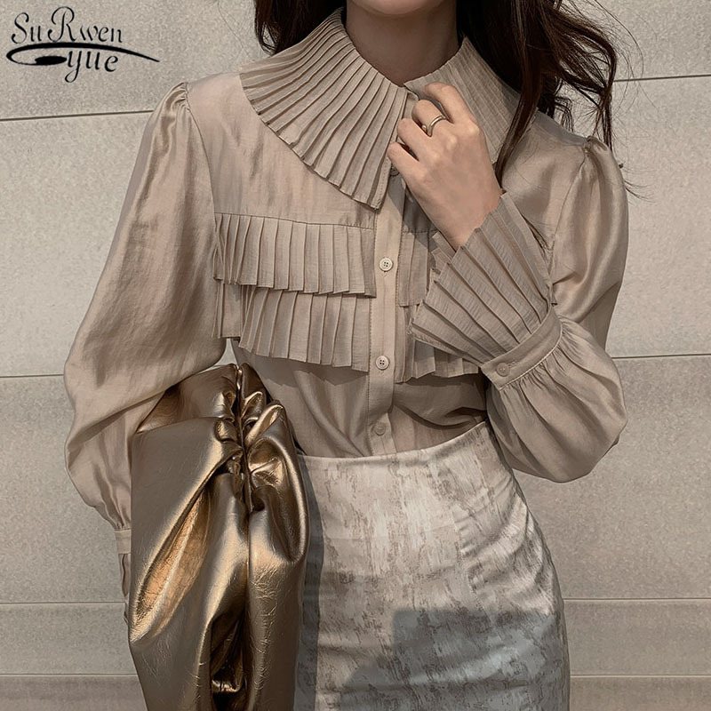 Pleated Blouse See Through Shirt Women Spring Fashion Blouses Turn-down Collar Single-breasted Loose Tops Blusas 13078 210427