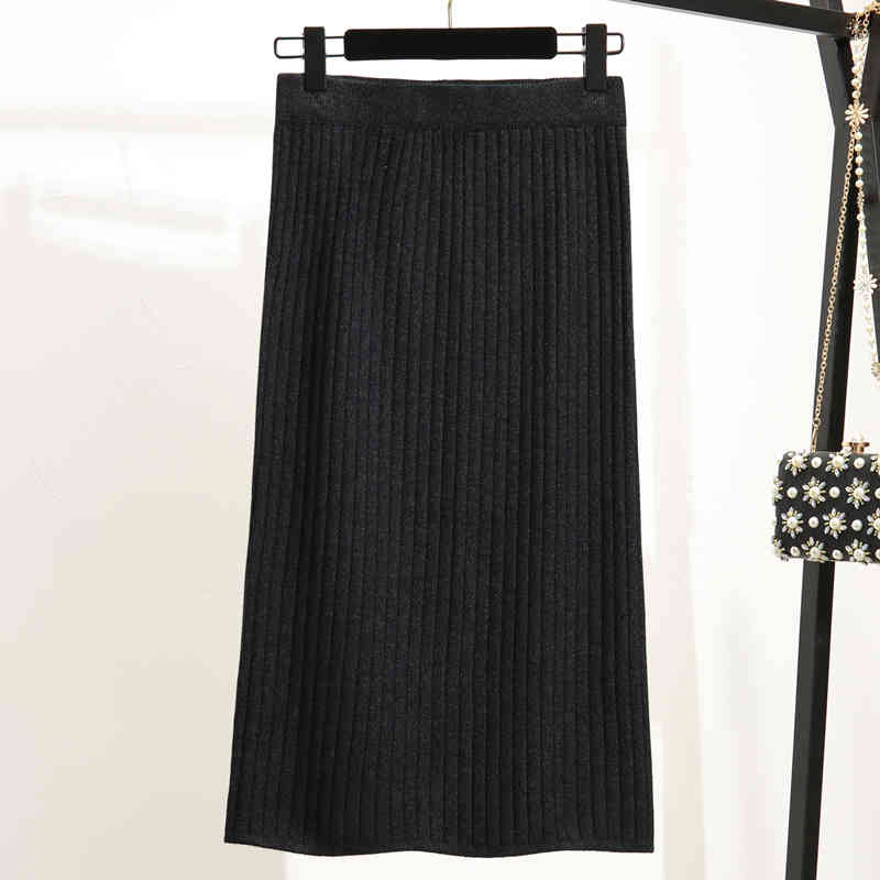 Solid Pleated Ladies Skirts Autumn Knitted Hip Women Office One-Step Winter Elastic High Waist Mid-Length 10369 210427