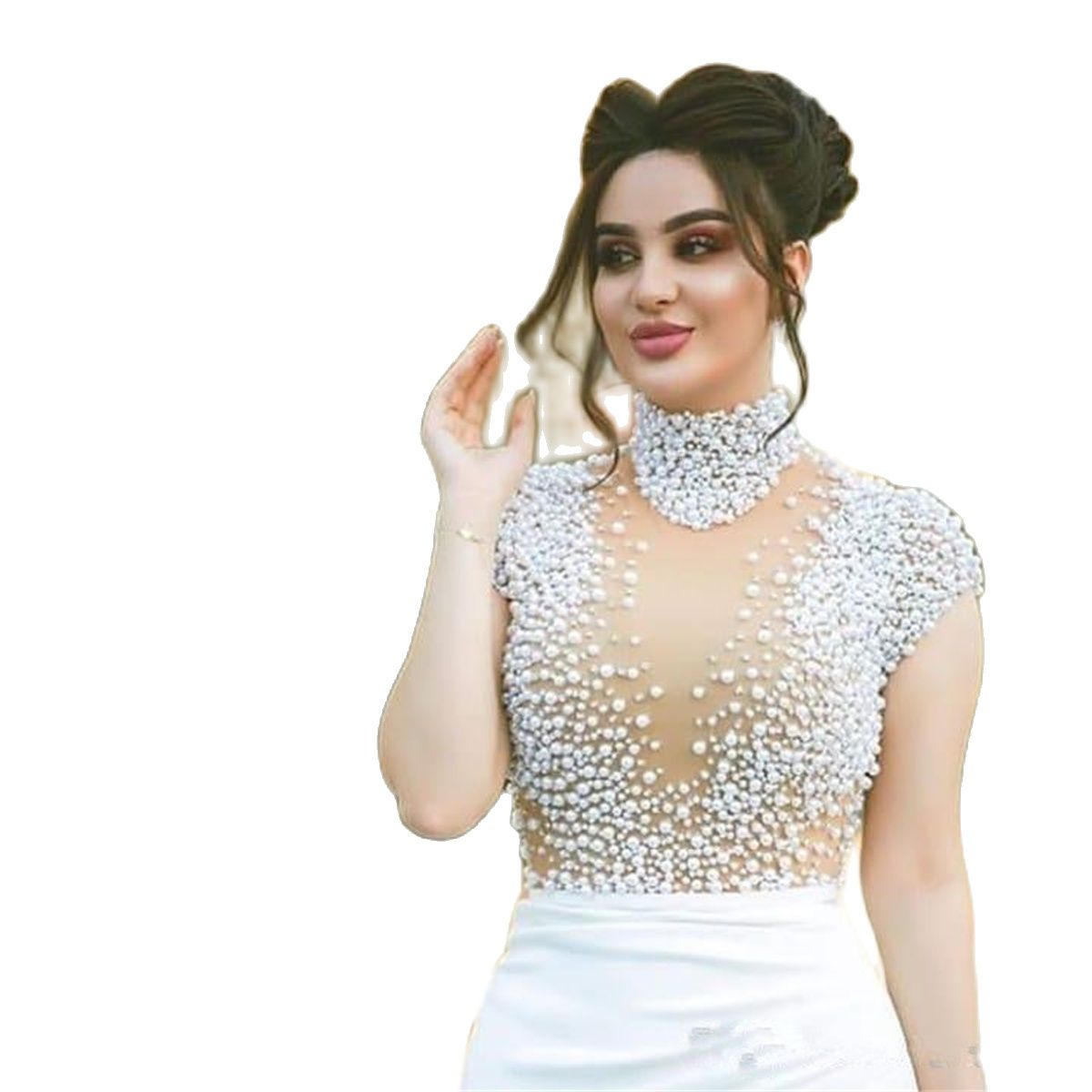 Sexy Beaded Wedding Dress White High Neck Illusion See Through Short Sleeves Formal Dresses Plus Size Gown