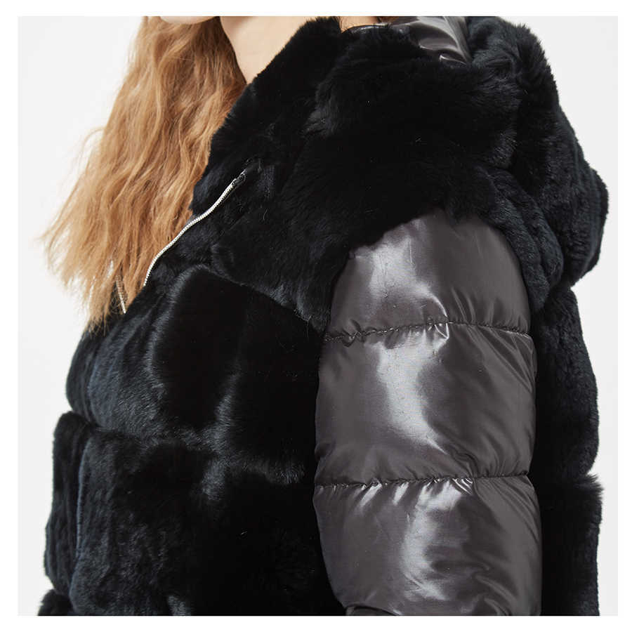 Real Rex Rabbit Fur Coat With Hood Down Jacket Sleeves fur bomber jacket Hooded with down coat women 210925wtt