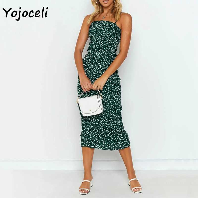 Yojoceli floral print ruffle dres bodycon mini shirred midi boho beach sun 210609